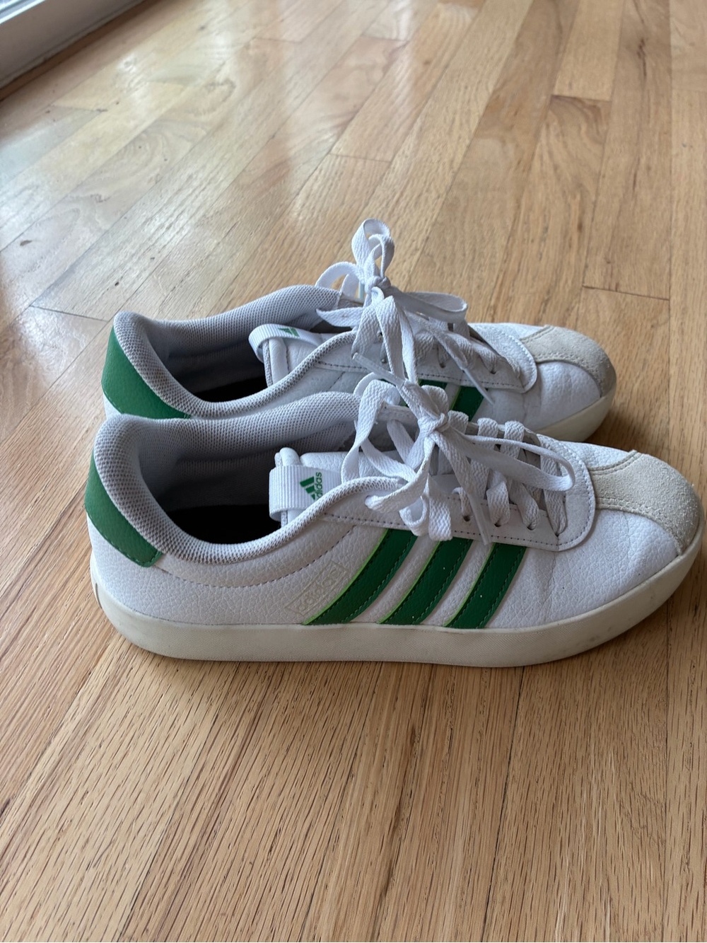 adidas White Sneakers with Green Stripes